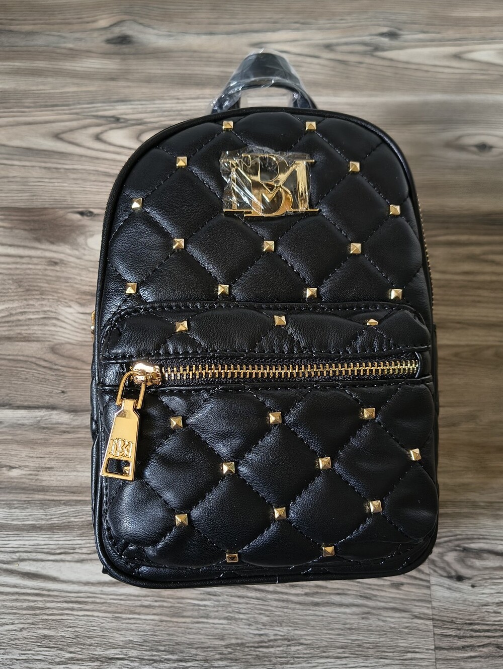 Badgley Mischka Black Quilted Stud Mini Backpack with Gold Hardware
